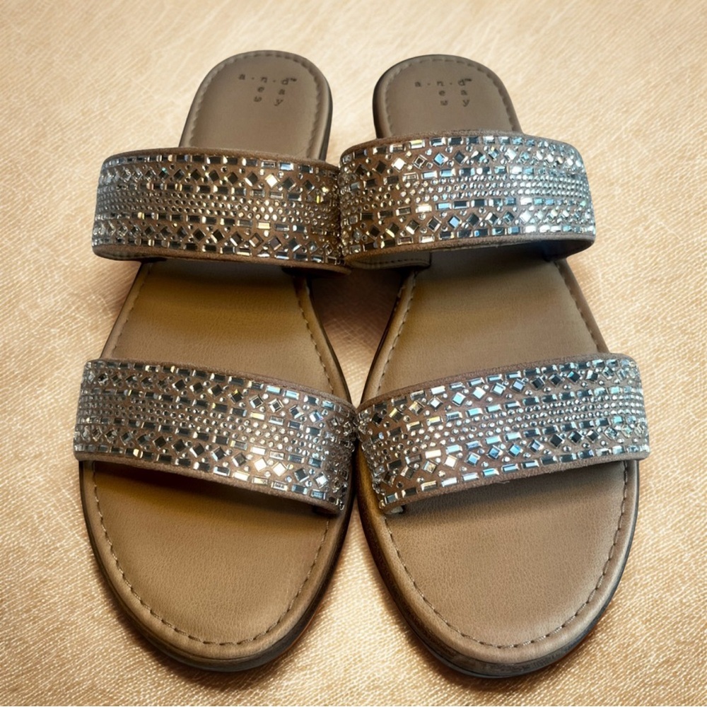 A New Day Tan Silver Sandals with Rhinestone Embellishments - Picture 1 of 7